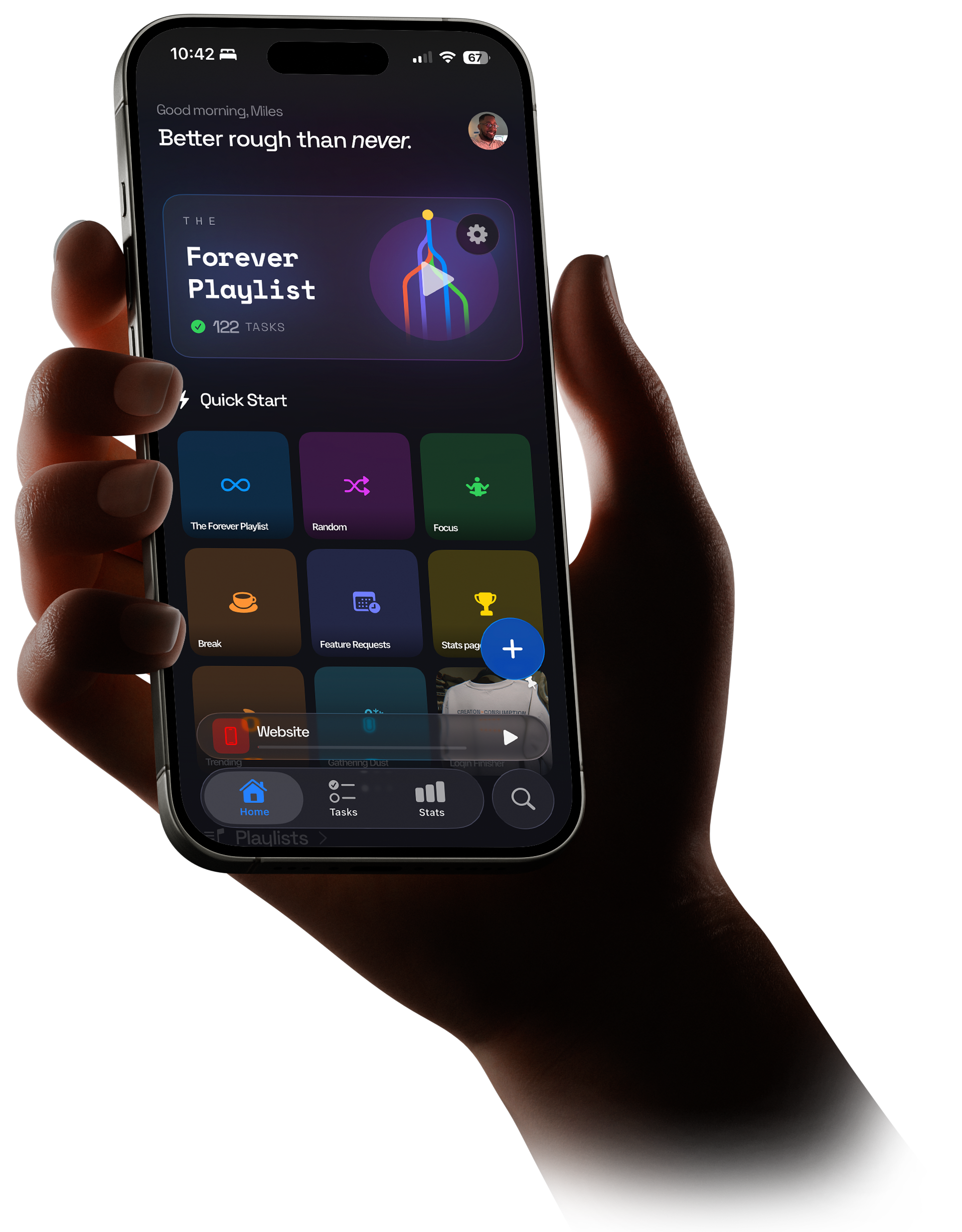 Loqin home screen showing tasks, playlists, and focus tools